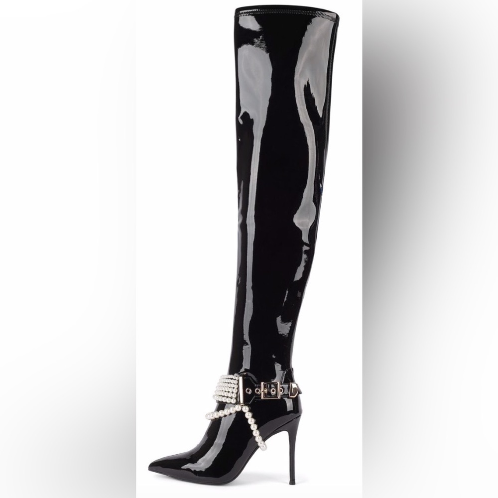 Jeffrey Campbell Black Patent Leather Arsenic Over The Knee Pointed Toe Boot